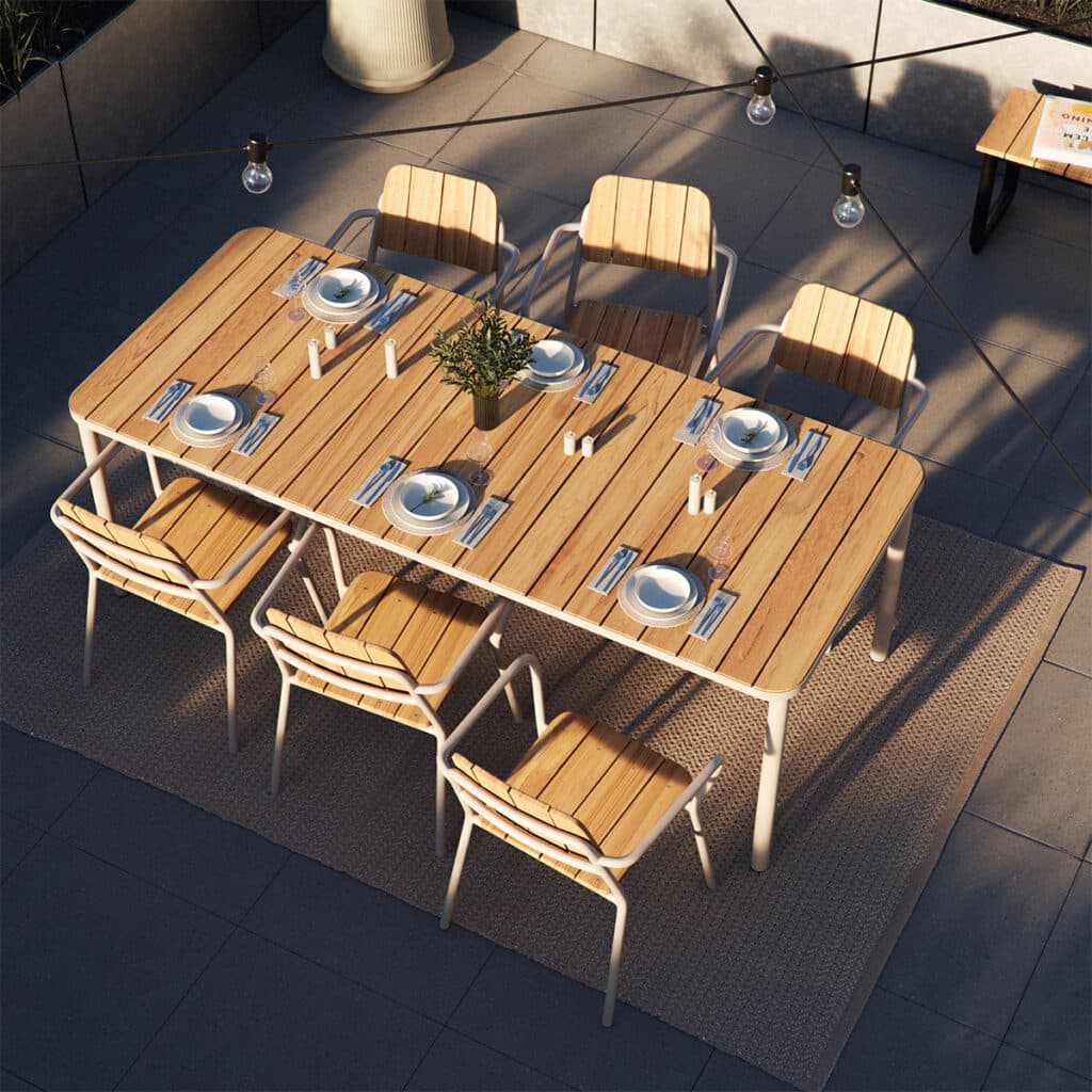 Puinen ruokailuryhmä Kirra 210x90, tiikkiä, taupe